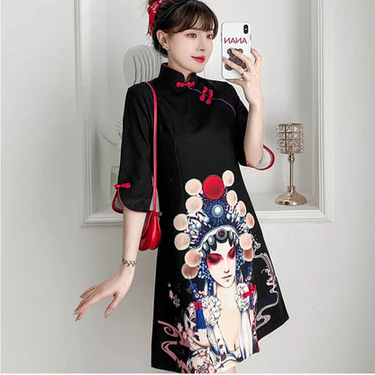 Plus Size 4XL Black Peking Opera Print Fashion Modern Cheongsam Dress Women Short Sleeve Qipao Traditional Chinese Style Clothes