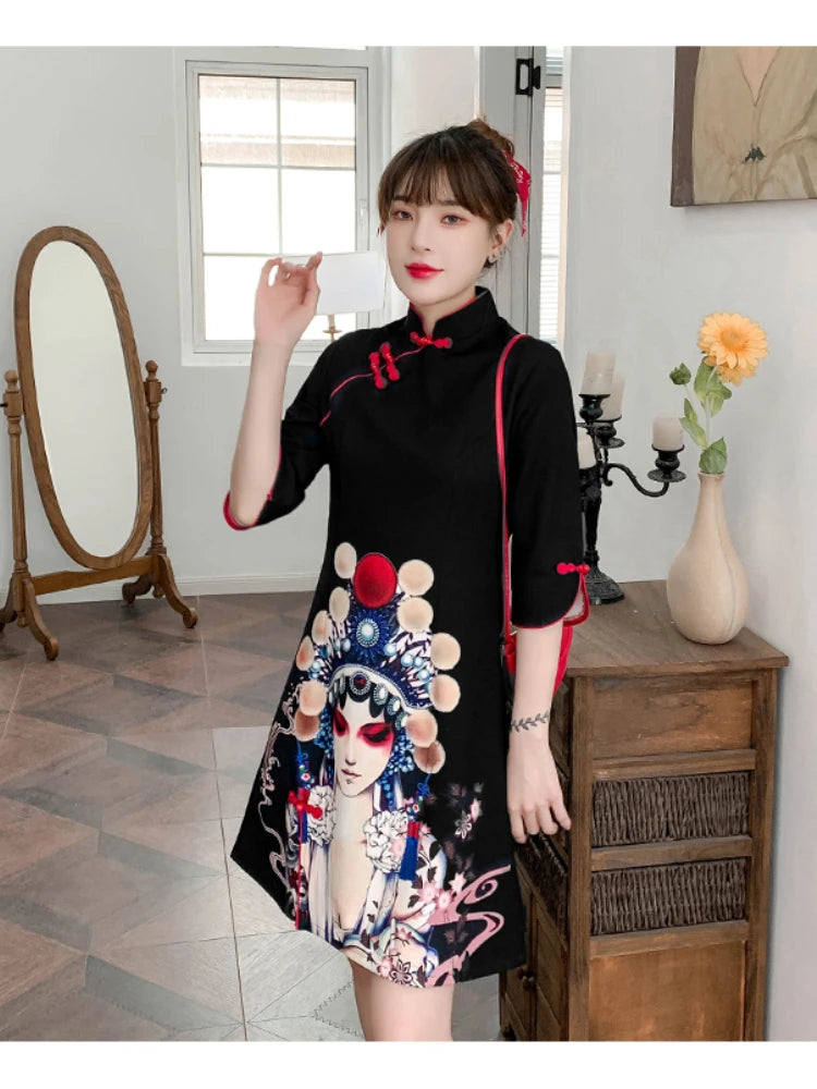 Plus Size 4XL Black Peking Opera Print Fashion Modern Cheongsam Dress Women Short Sleeve Qipao Traditional Chinese Style Clothes