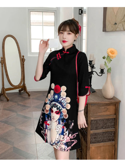 Plus Size 4XL Black Peking Opera Print Fashion Modern Cheongsam Dress Women Short Sleeve Qipao Traditional Chinese Style Clothes
