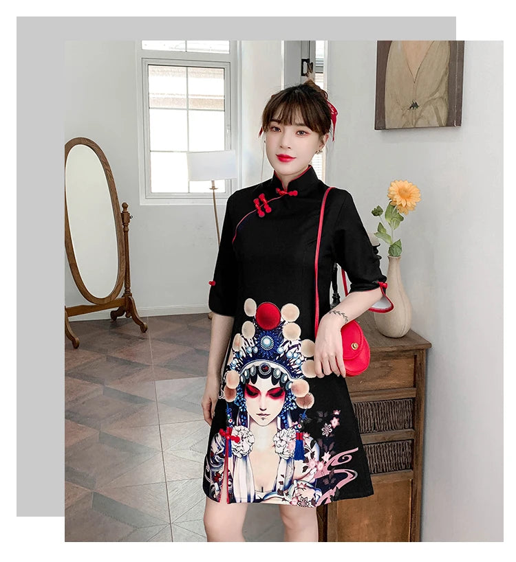 Plus Size 4XL Black Peking Opera Print Fashion Modern Cheongsam Dress Women Short Sleeve Qipao Traditional Chinese Style Clothes