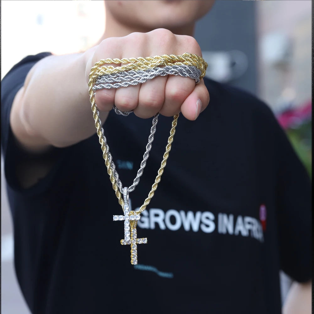 Men Women Hip Hop Cross Pendant Necklace With 4mm Zircon Tennis Chain Iced Out Exquisite Bling Jewelry Fashion Trendy Creative