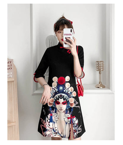 Plus Size 4XL Black Peking Opera Print Fashion Modern Cheongsam Dress Women Short Sleeve Qipao Traditional Chinese Style Clothes