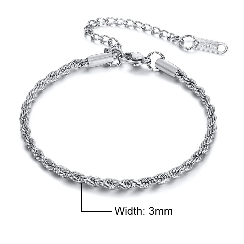 Unisex Rope Chain Bracelets for Men Women, Stainless Steel Twisted Links Chain Bracelet,Simple Classic Jewelry Gift for Him