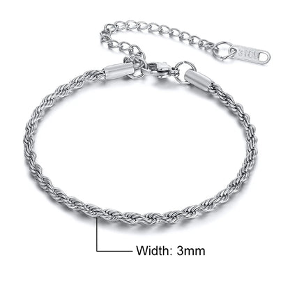 Unisex Rope Chain Bracelets for Men Women, Stainless Steel Twisted Links Chain Bracelet,Simple Classic Jewelry Gift for Him