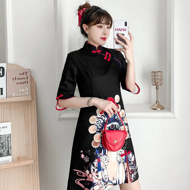 Plus Size 4XL Black Peking Opera Print Fashion Modern Cheongsam Dress Women Short Sleeve Qipao Traditional Chinese Style Clothes
