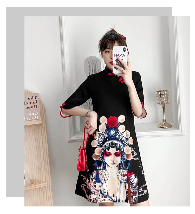 Plus Size 4XL Black Peking Opera Print Fashion Modern Cheongsam Dress Women Short Sleeve Qipao Traditional Chinese Style Clothes