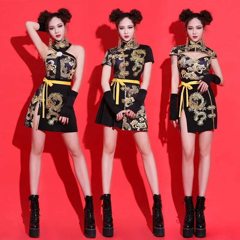 Sexy Chinese Style Clothing Women 2 Piece Set Mandarin Collar Festival Outfit Tang Suit Asian Cheongsam Stage Outfits