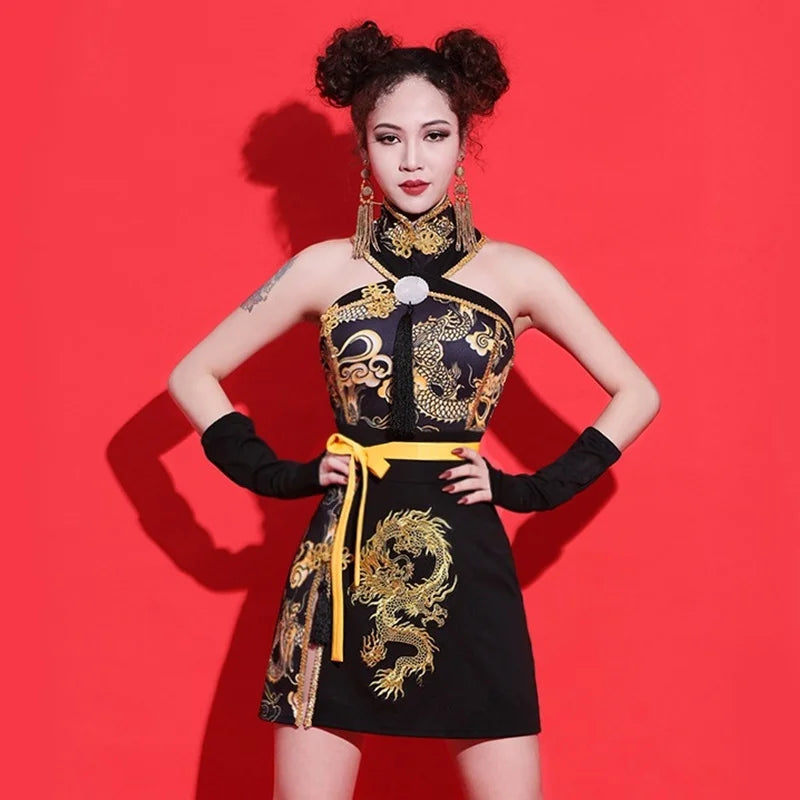 Sexy Chinese Style Clothing Women 2 Piece Set Mandarin Collar Festival Outfit Tang Suit Asian Cheongsam Stage Outfits