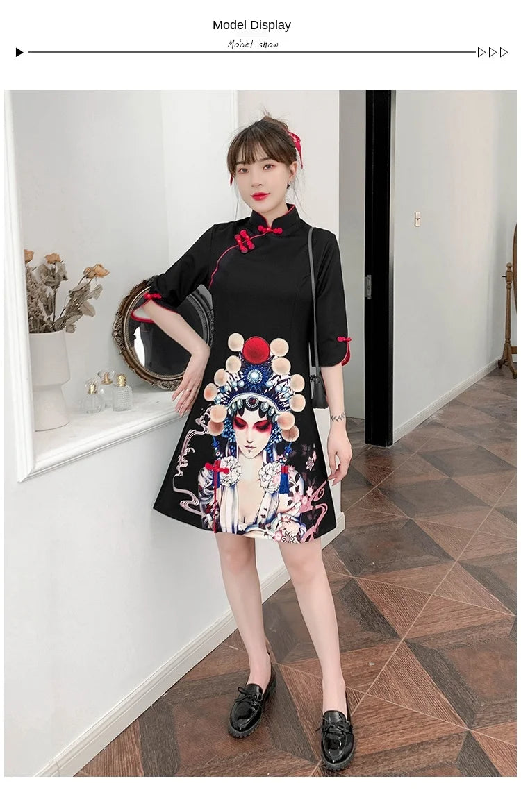 Plus Size 4XL Black Peking Opera Print Fashion Modern Cheongsam Dress Women Short Sleeve Qipao Traditional Chinese Style Clothes