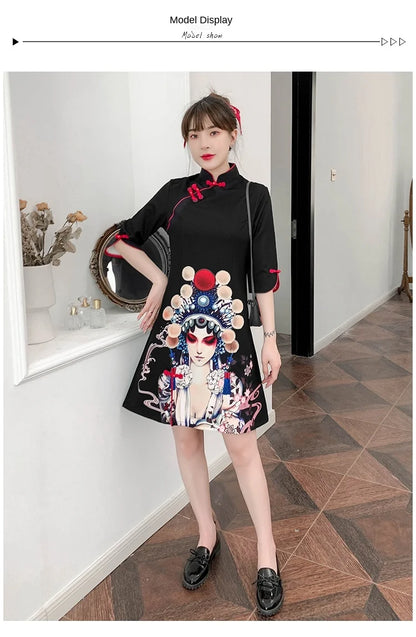 Plus Size 4XL Black Peking Opera Print Fashion Modern Cheongsam Dress Women Short Sleeve Qipao Traditional Chinese Style Clothes