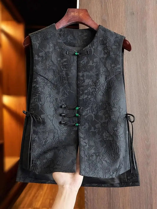 Black Jacquard Vest Women Chinese Style Vintage Embroidered Vest Round Neck Sleeveless Retro Tops