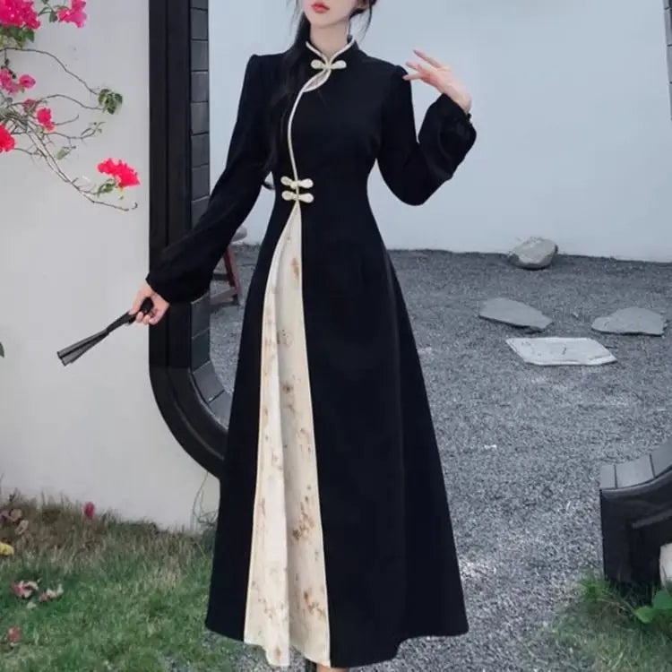 New Chinese National Style New Year Battle Robe Button Modified Qipao Long Dress Women Temperament Splicing Dark Pattern Dresses