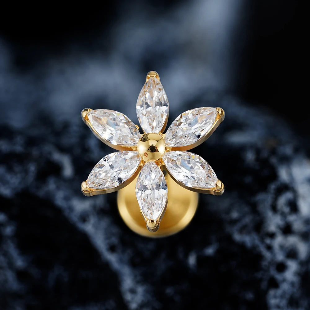 Right Grand ASTM F136 Titanium 16G Marquise Flower CZ Labret Stud Helix Conch Cartilage Tragus Flat Back Piercing Body jewelry