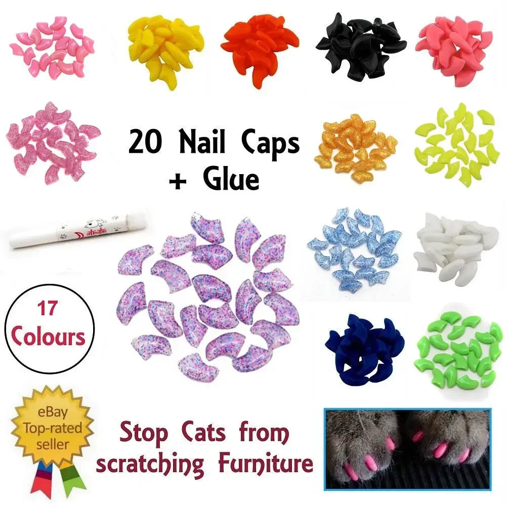 Lovely 20pcs Silicone Soft Cat Nail Caps Cat Nail Covers Pet Claw Paws Caps Adhesive Glue Animal Protection