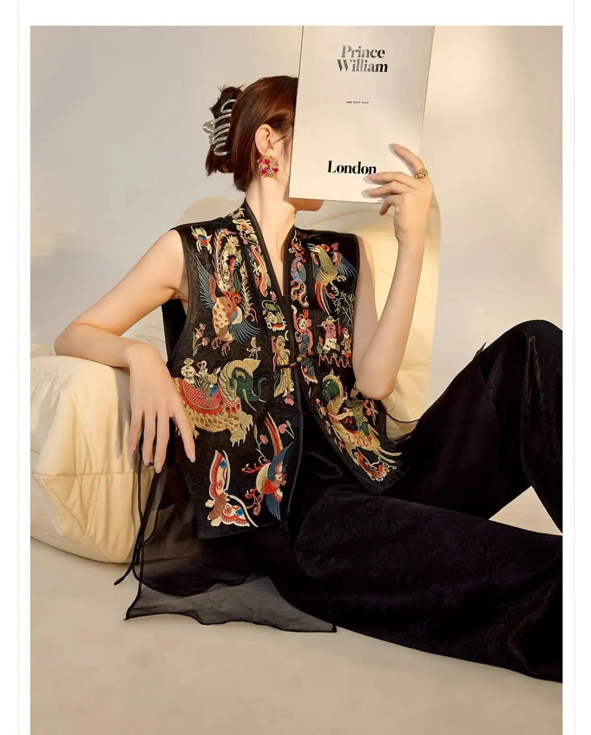 Oriental Vintage Tang Suit Women Vest Black Jacquard Heavy Phoenix Embroidery Organza Splicing Side Tie Sleeveless Waistcoat