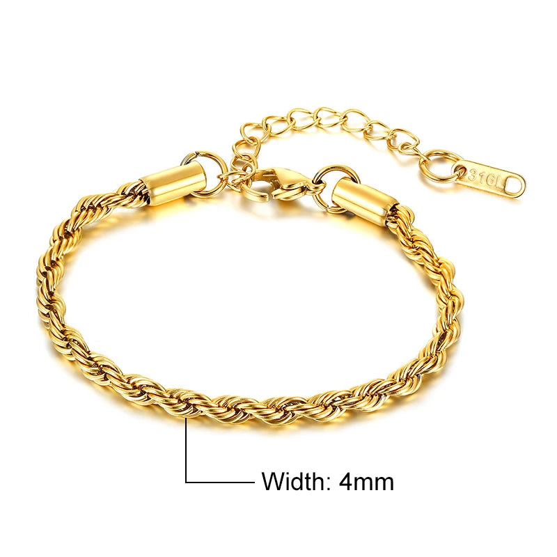 Unisex Rope Chain Bracelets for Men Women, Stainless Steel Twisted Links Chain Bracelet,Simple Classic Jewelry Gift for Him