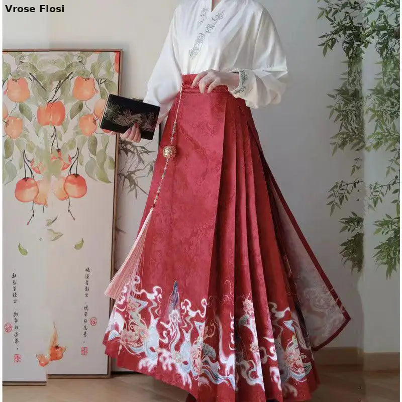 Vintage Women Chinese Traditional Hanfu Cardigan Shirt + Blue Pleated Mamian Skirt Chinese Hot Hanfu Shirt Horse Face Skirt Set