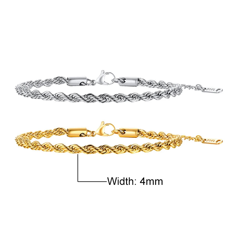 Unisex Rope Chain Bracelets for Men Women, Stainless Steel Twisted Links Chain Bracelet,Simple Classic Jewelry Gift for Him