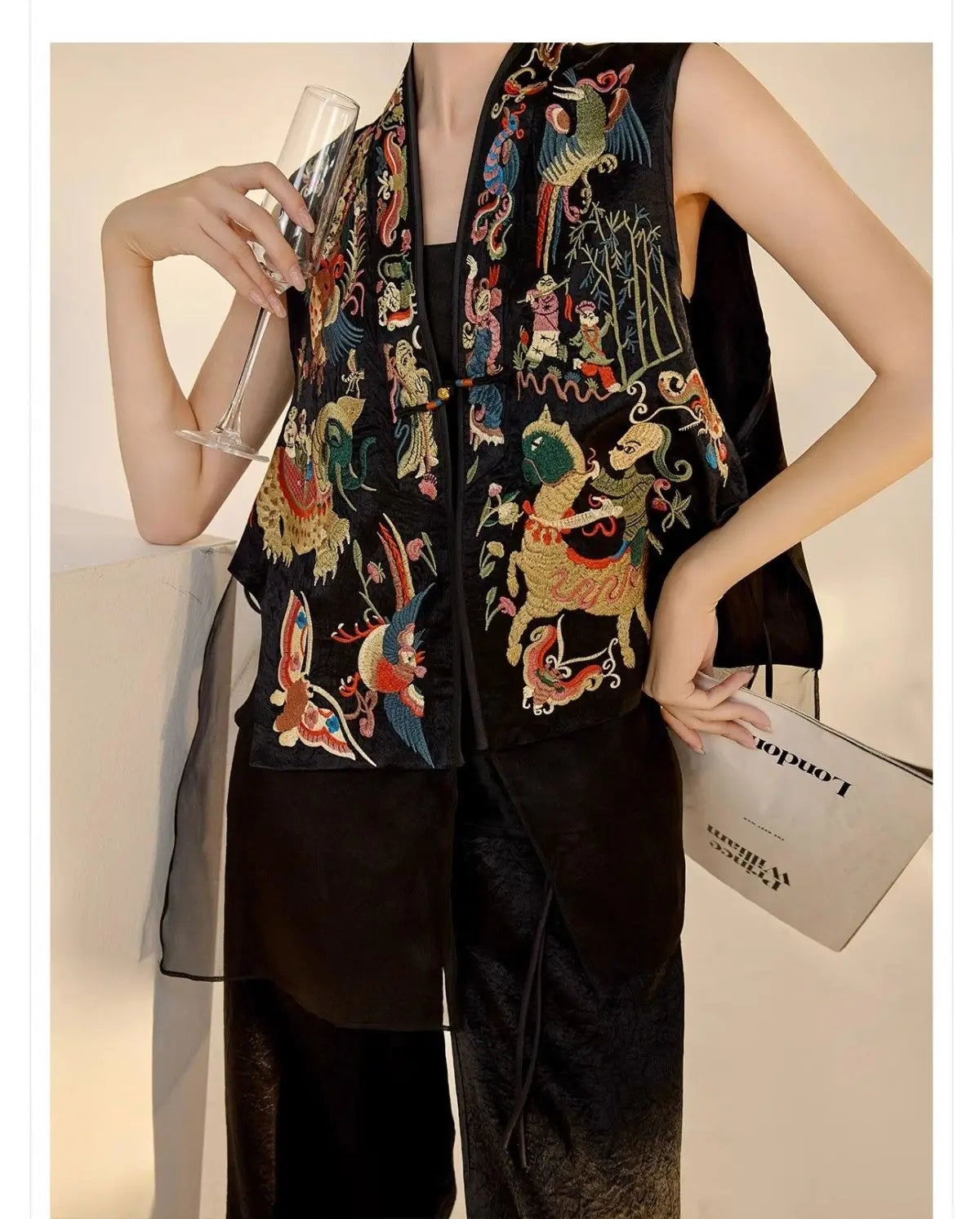 Oriental Vintage Tang Suit Women Vest Black Jacquard Heavy Phoenix Embroidery Organza Splicing Side Tie Sleeveless Waistcoat
