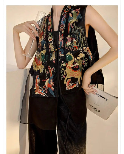Oriental Vintage Tang Suit Women Vest Black Jacquard Heavy Phoenix Embroidery Organza Splicing Side Tie Sleeveless Waistcoat