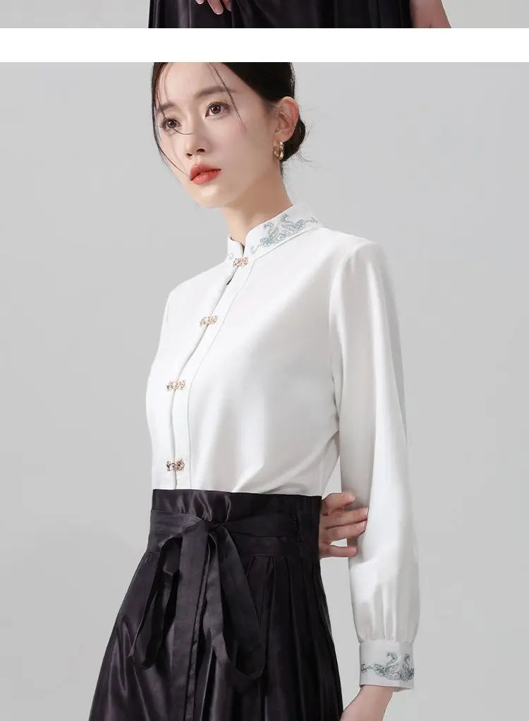Chinese Style Standing Collar Long Sleeved Shirt for Early Spring Style with Embroidered Chinese Style Women's Clothing Inside
