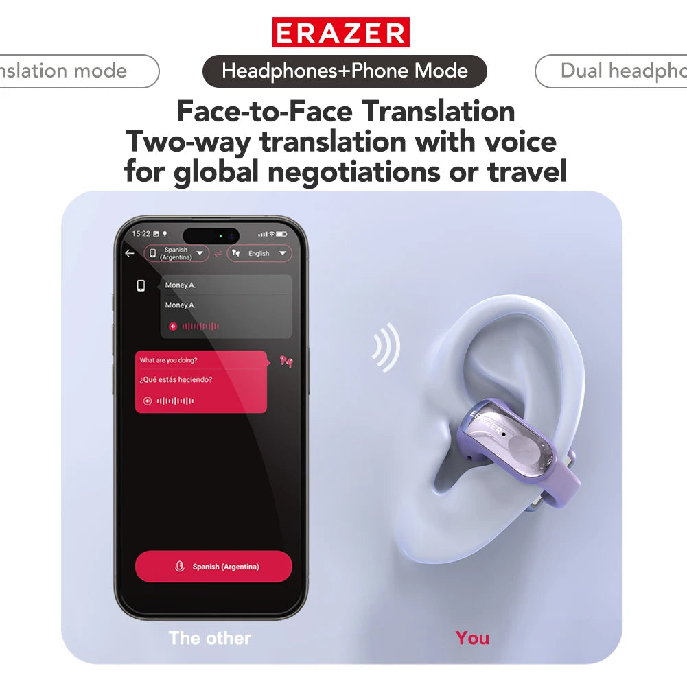 Translator ERAZER XF28 Bluetooth V6.0 Open-ear True Wireless EarbudsTranslation Earphones Office Travel,ASMR Headset APP