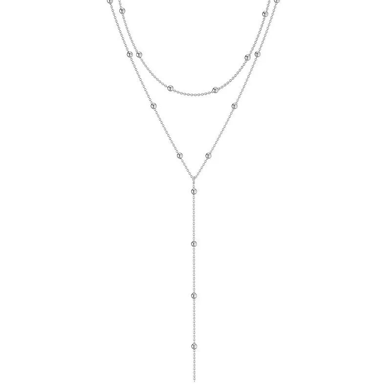 LATS Gold Color Double Layered Long Tassel Chain Necklaces for Women Simple Metal Geometric Bead Choker Necklace Fashion Jewelry