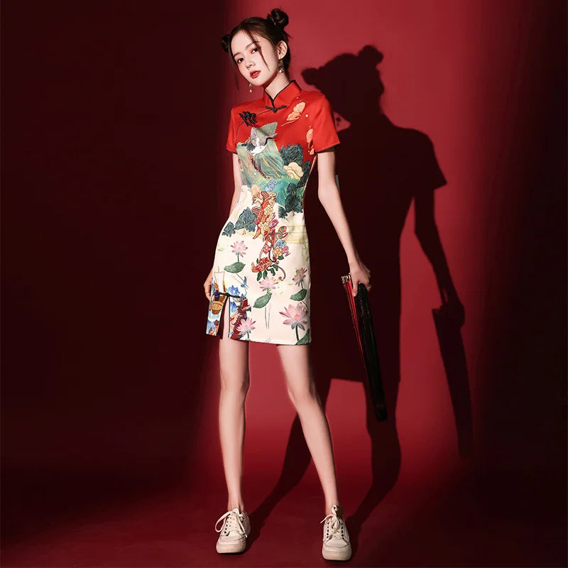 Y2K New Fashion Vintage Cheongsams Chinese Traditional Dress Personality Printed Improved Qipao ципао 치파오 Robe Soirée