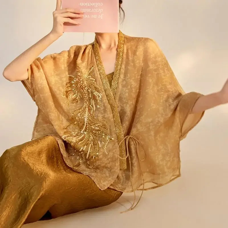 Chinese Style Tang Clothes Sequin Embroidery Hanfu Vintage Mandarin Collar Jacket Lady Elegant Tops Autumn Spring Outwear