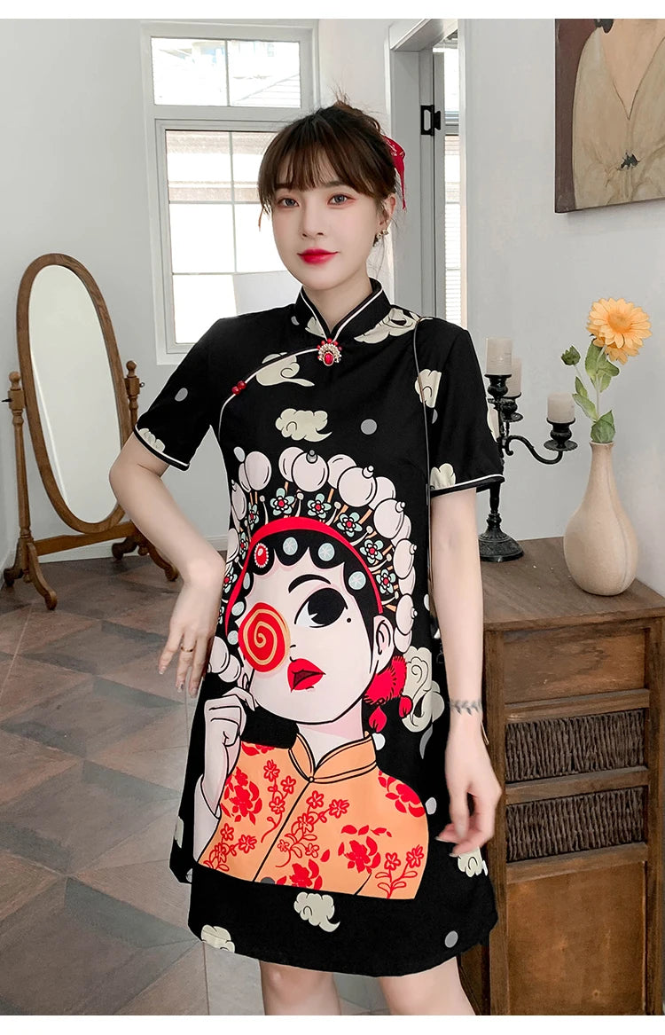 Chinese Traditional National Style Fashion Cartoon Printing Qipao Dress Summer Short Sleeve Elegant Modern Improved Cheongsam