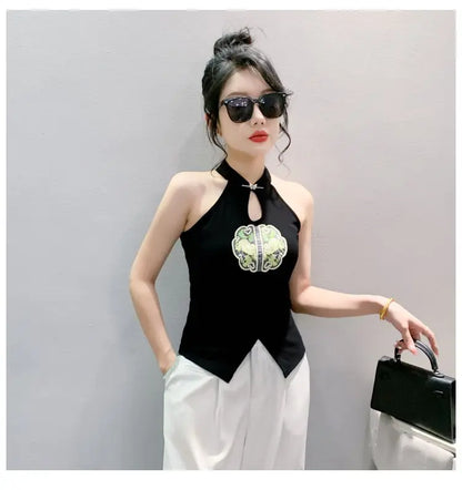Chinese Style Embroidered Halterneck Vest Ladies Sleeveless Summer Wear Off-the-shoulder Small Suspender Chinese Slim Tank Top