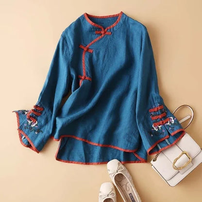 2023 Chinese Style Embroidery Blouse for Women  Summer O-neck Short Sleeve Cotton and  Linen traditional Tang suit Top