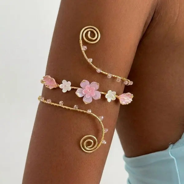 Elegant Gold Color Wire-Wrapped Upper Arm Cuff for Women Romantic Pink Iris Flower Armlet Bracelet Beach Party Charms Jewelry
