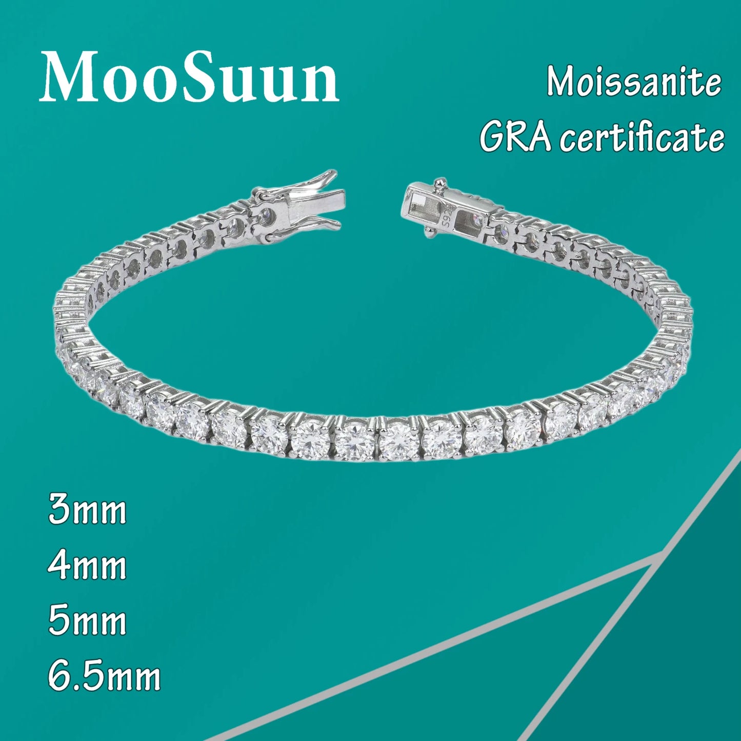 MooSuun 3mm--6.5mm Moissanite Diamond Tennis Bracelet for Women Men Luxury Fine Jewelry Pass Test S925 Sterling Silver
