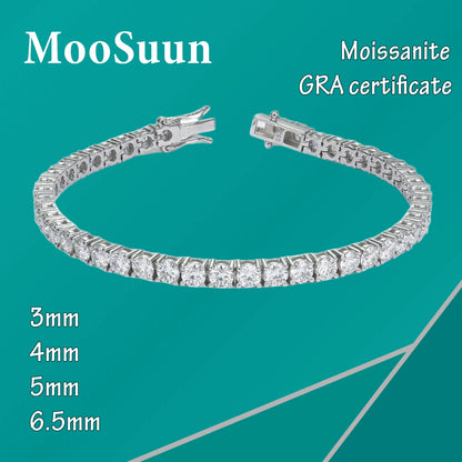 MooSuun 3mm--6.5mm Moissanite Diamond Tennis Bracelet for Women Men Luxury Fine Jewelry Pass Test S925 Sterling Silver