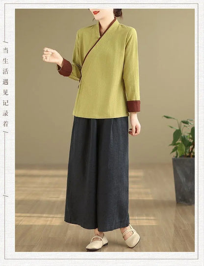 Womens Chinese Style Improved Hanfu Blouse Oblique V Neck Tie Side Contrast Trim Loose Cotton Linen Zen Tea Clothing Tops