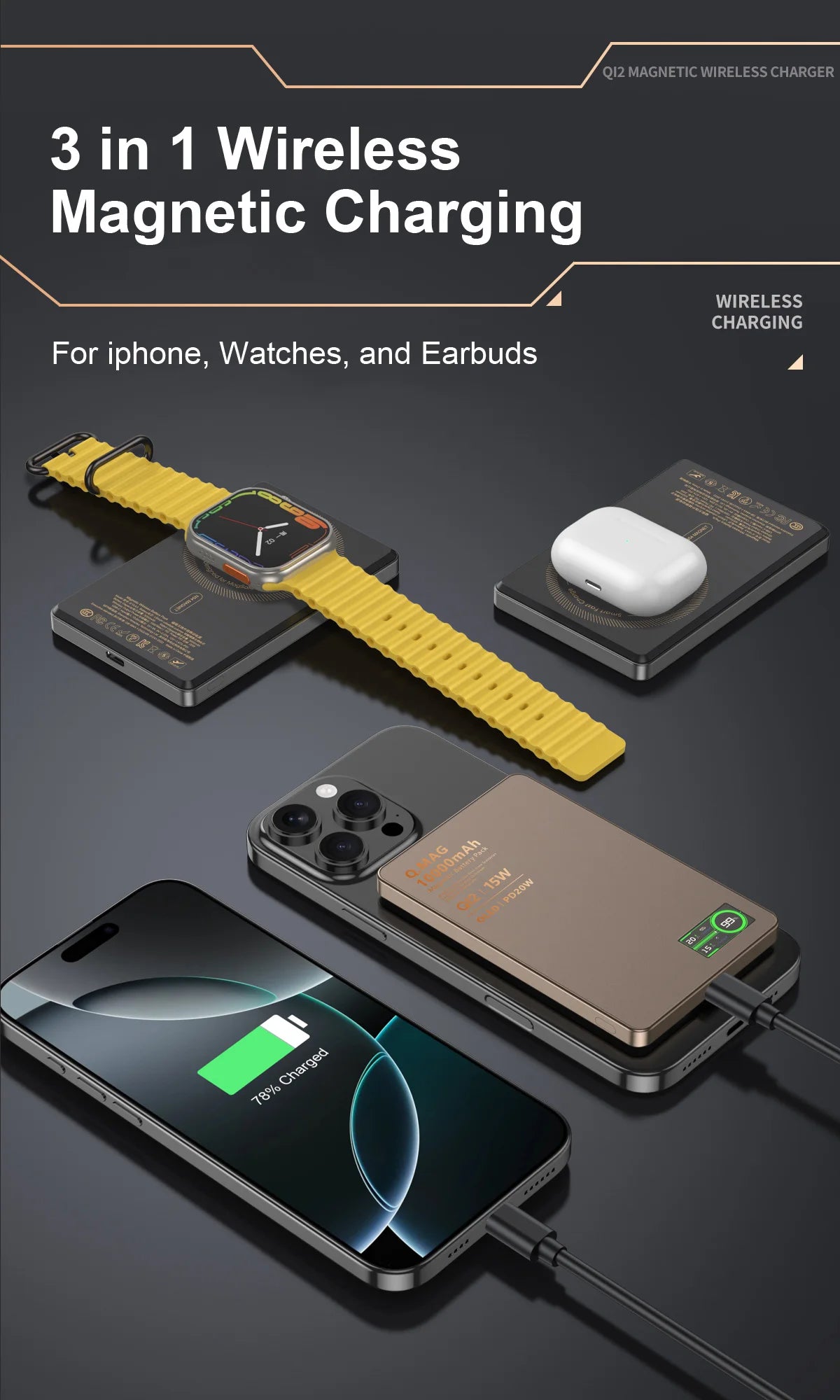 10000mAh Magnetic 3 in 1 Wireless Power Bank 20W USB C Fast Charging External Battery for iPhone 17 16 15 14 Airpods Apple Watch