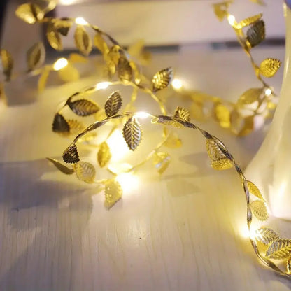 1PC 2M 20LED Golden Tiny Leaves Fairy Light Battery Powerd Led Copper Wire String Lights for Wedding Home Party DIY Xmas Decor