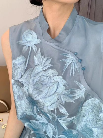 Summer Sleeveless Shirt Embroidered Slanted Stand Collar Chiffon Top Elegance Vest Blouse Chinese Style Women's Clothing