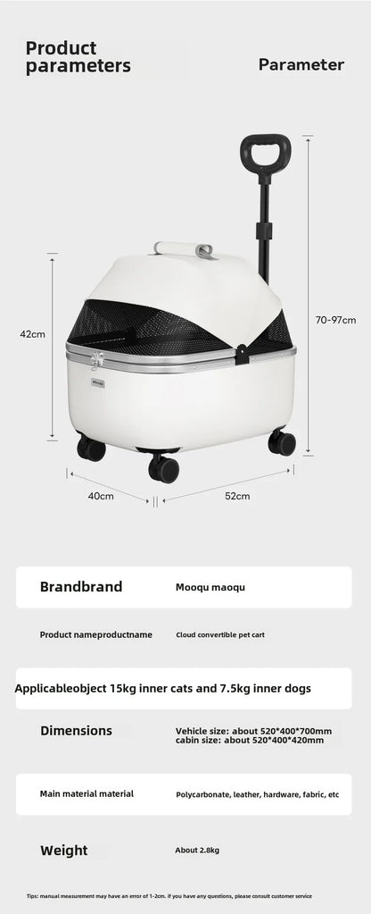 Lightweight Pet Travel Carrier Large Capacity Cat Backpack Shock-Absorbent Rolling Dog Trolley Adjustable Handle Pet Stroller