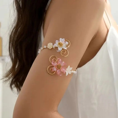 Elegant Gold Color Wire-Wrapped Upper Arm Cuff for Women Romantic Pink Iris Flower Armlet Bracelet Beach Party Charms Jewelry