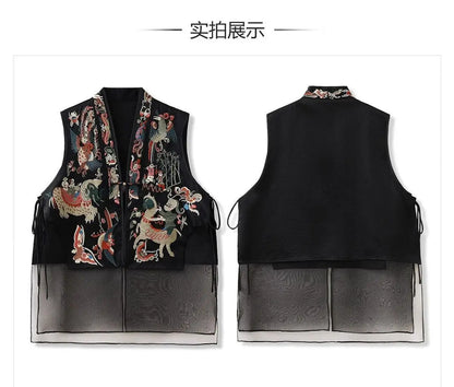 Oriental Vintage Tang Suit Women Vest Black Jacquard Heavy Phoenix Embroidery Organza Splicing Side Tie Sleeveless Waistcoat