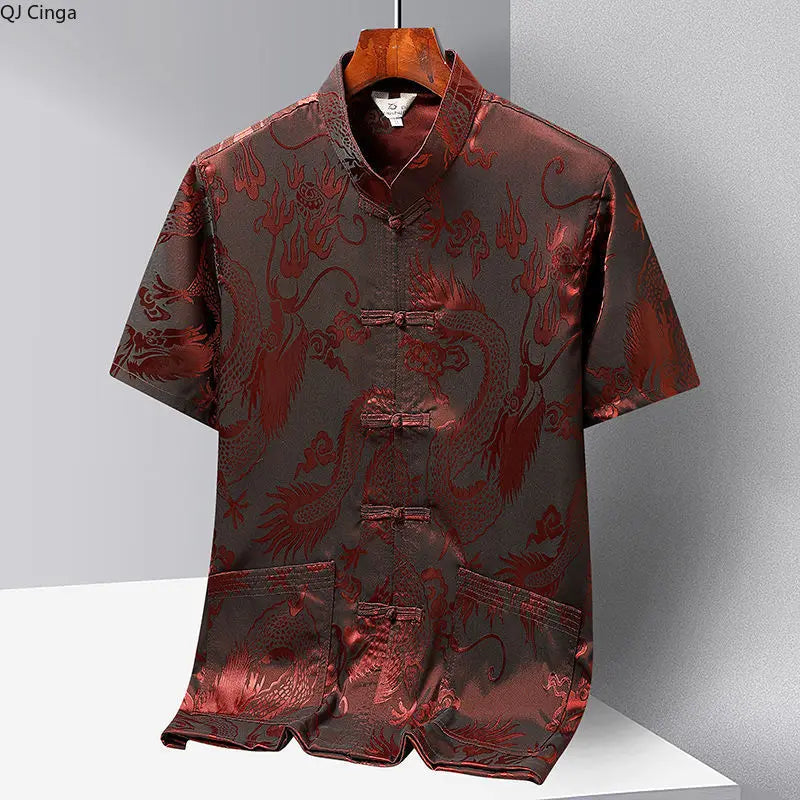 Chinese-style Men Short-sleeved Shirt, Summer Stand-up Collar Single-breasted Shirts, Decorated with Chinese Dragon Patterns.