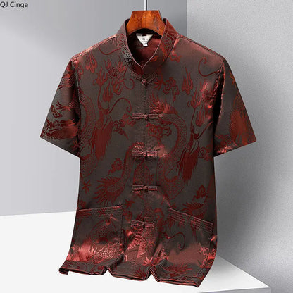 Chinese-style Men Short-sleeved Shirt, Summer Stand-up Collar Single-breasted Shirts, Decorated with Chinese Dragon Patterns.