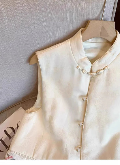 Chinese Retro Embroidered Sleeveless Buckle Vest Spring and Autumn Design Sense Fashionable and Versatile Temperament Tank top