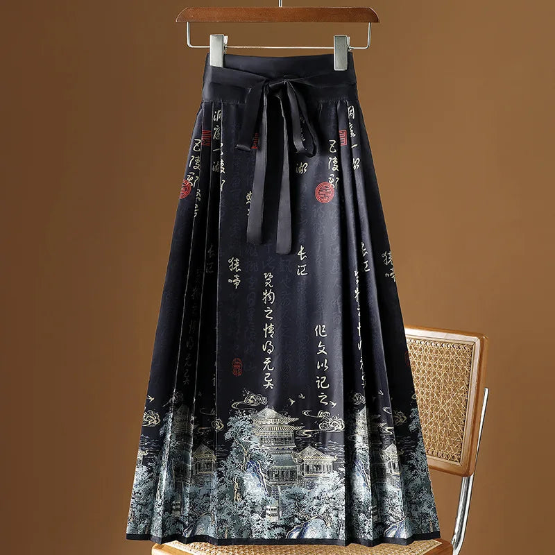 Vintage Maxi Chinese Style Horse Face Skirts for Women Saia One-piece Long Hanfu Pleated Skirt Woman Clothing Faldas Harajuku