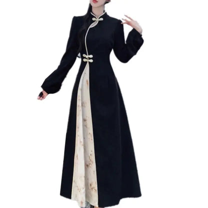 New Chinese National Style New Year Battle Robe Button Modified Qipao Long Dress Women Temperament Splicing Dark Pattern Dresses