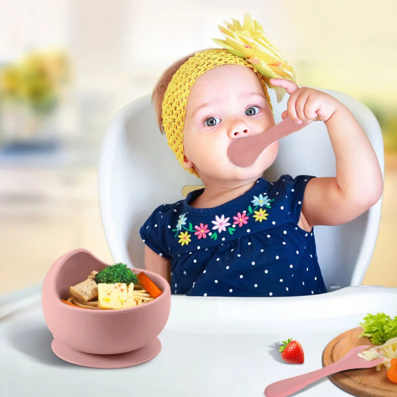 Food Grade Silicone Child Dish Set Baby Feeding Bowl Suction Plate Straw Cup Wooden Spoon Fork for Kids Tableware Toddler Dishes