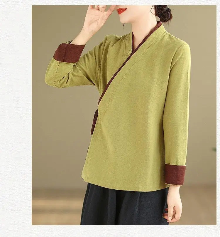 Womens Chinese Style Improved Hanfu Blouse Oblique V Neck Tie Side Contrast Trim Loose Cotton Linen Zen Tea Clothing Tops
