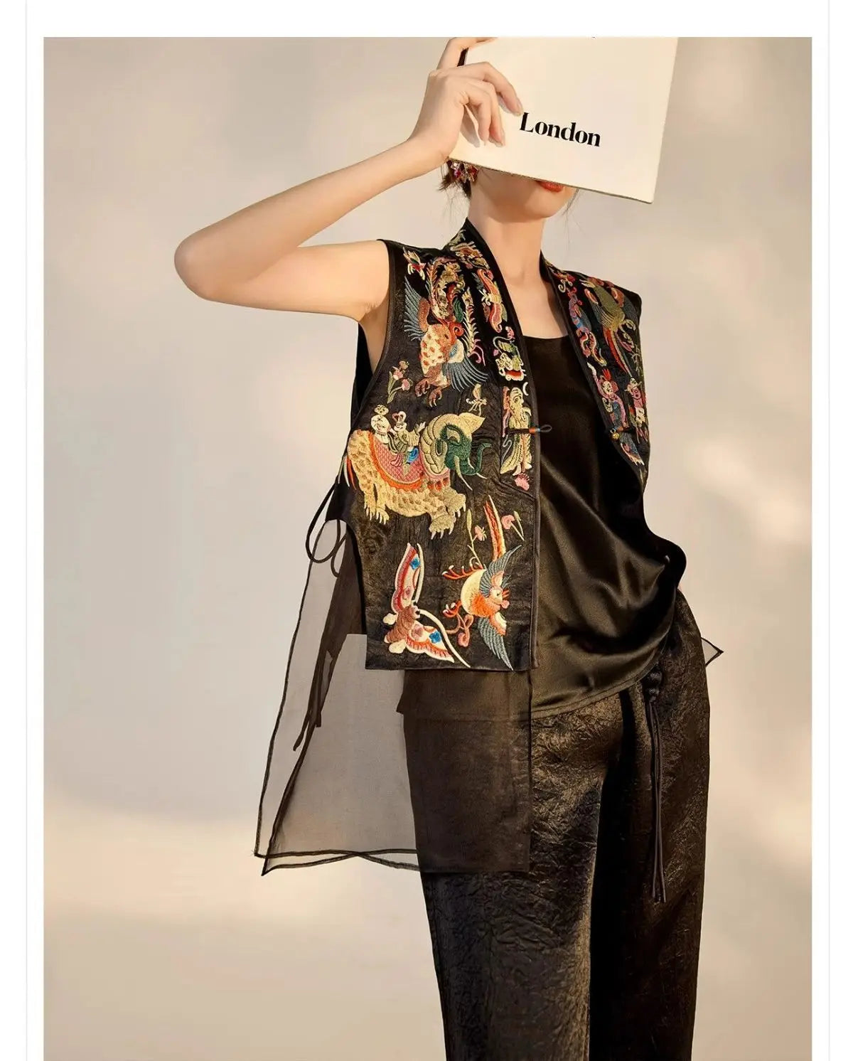 Oriental Vintage Tang Suit Women Vest Black Jacquard Heavy Phoenix Embroidery Organza Splicing Side Tie Sleeveless Waistcoat